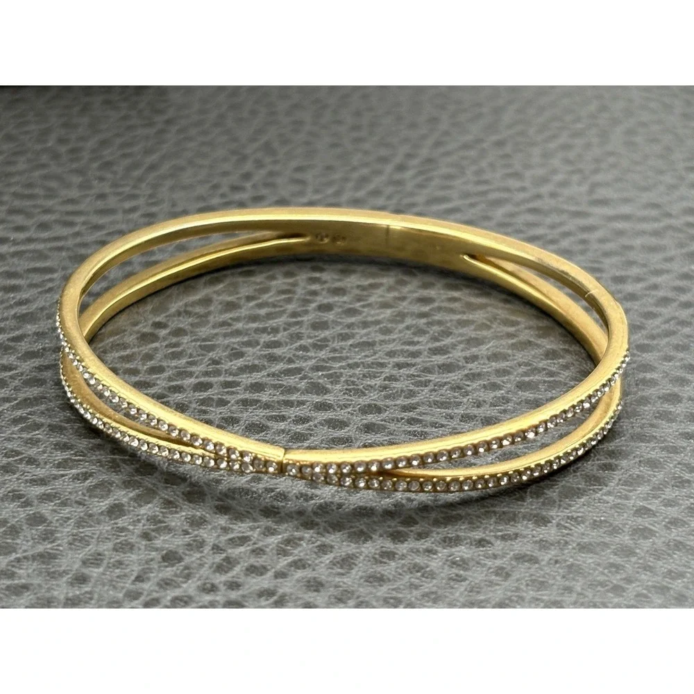 Nordstrom Gold Tone Crossover Bangle Bracelet Clear Cubic Zirconia Hinged